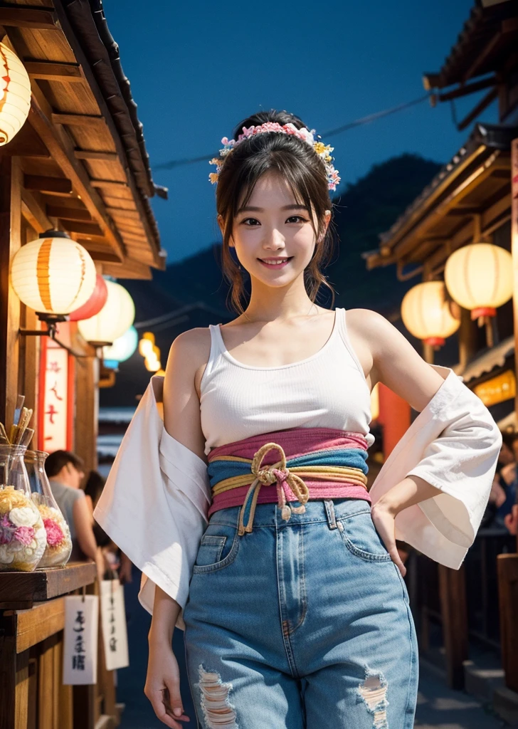 Diffuse lighting、 Highest quality, High resolution, ユニティ 8K 壁紙、Supersaturation, Colorful, 8K resolution, 1 female、Japanese、23 years old、Close-up portrait、Adorable, smile、looks fun、Japanese Yukata、 (((masterpiece))), Highest quality, 8K,During a lively summer festival, Vibrant colors, Details of traditional festival costumes, White tank top、Mini length denim hot pants,  A fun and lively expression, Festival Stalls, Night view with shining lanterns, Realistic, Intricate details, Dynamic configuration, Capturing the Essence of Japan&#39;s Summer Festivals, High resolution, Cowboy Shot
