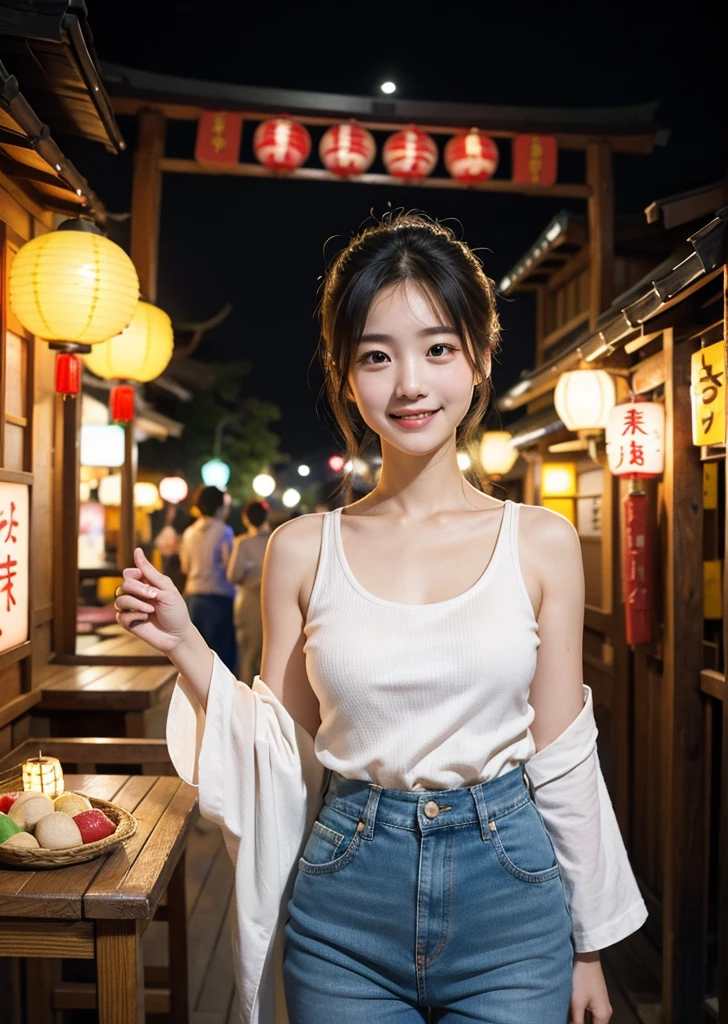 Diffuse lighting、 Highest quality, High resolution, ユニティ 8K 壁紙、Supersaturation, Colorful, 8K resolution, 1 female、Japanese、23 years old、Close-up portrait、Adorable, smile、looks fun、Japanese Yukata、 (((masterpiece))), Highest quality, 8K,During a lively summer festival, Vibrant colors, Details of traditional festival costumes, White tank top、Mini length denim hot pants, A fun and lively expression, Festival Stalls, Night view with shining lanterns, Realistic, Intricate details, Dynamic configuration, Capturing the Essence of Japan's Summer Festivals, High resolution, Cowboy Shot
