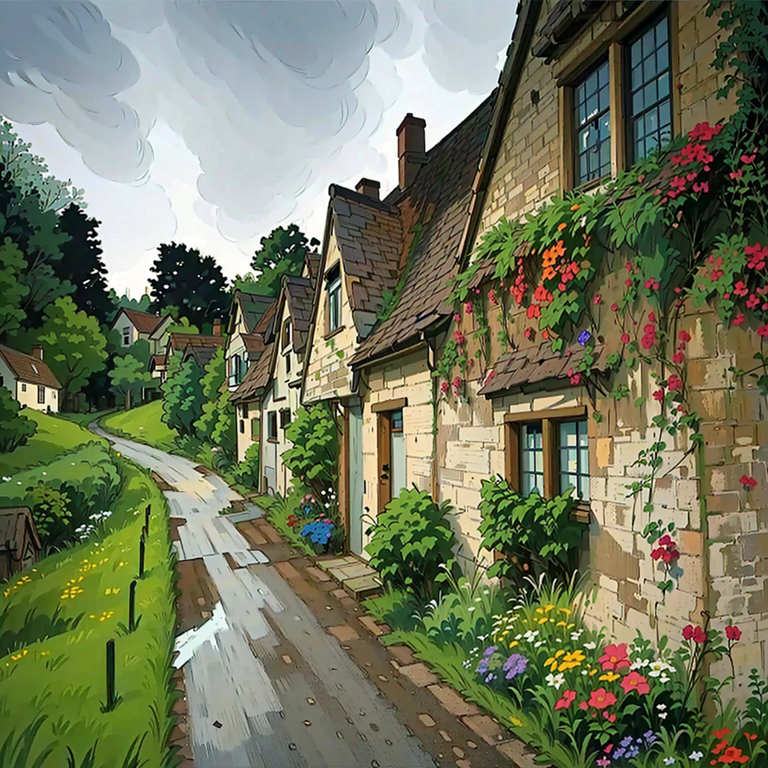 Street close-up，A bouquet of flowers on the roadside, English Village, Quaint village, beautiful english Rural, Hut town, Huts, english Rural, Hutcore!!, Hutcore, Quaint, Hut, Magical Village, Rural, in the Rural, idyllic Hut, beautiful place, Medieval Village, flowery Hut