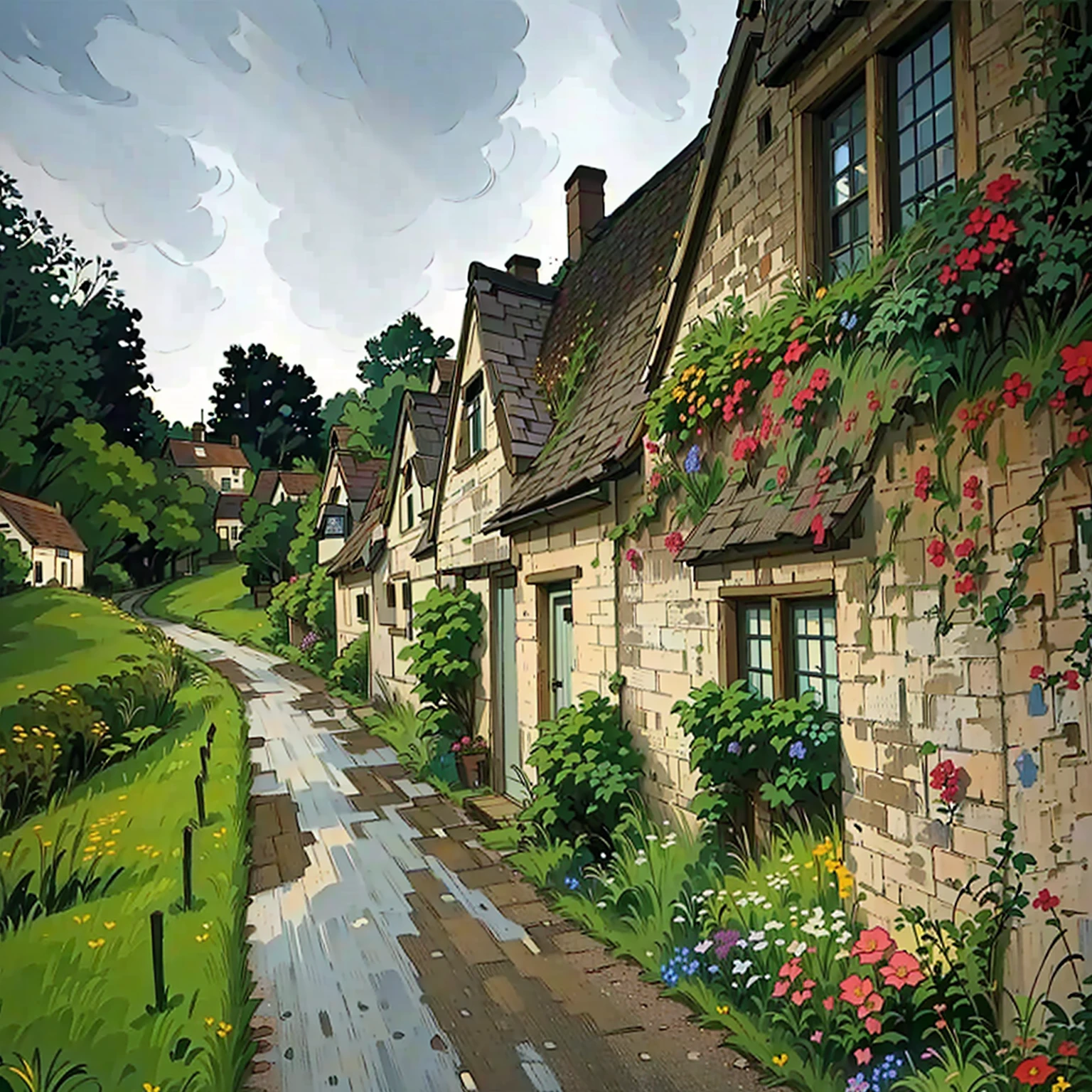 Street close-up，A bouquet of flowers on the roadside, English Village, Quaint village, beautiful english Rural, Hut town, Huts, english Rural, Hutcore!!, Hutcore, Quaint, Hut, Magical Village, Rural, in the Rural, idyllic Hut, beautiful place, Medieval Village, flowery Hut