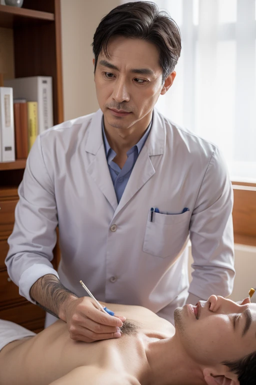 A male oriental medicine doctor in his 50s, How to treat, saliva, moxibustion, cupping, Oriental medicine, Real picture, Korean,