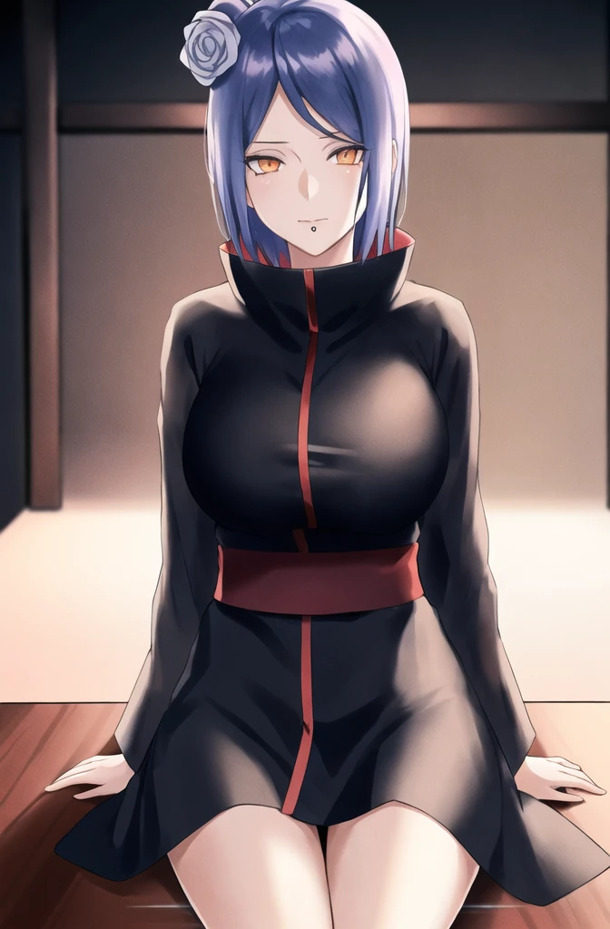 konan \(naruto\), solo, looking_at_viewer, 1girl, closed_mouth, akatsuki outfit, labret piercing, looking at the viewer, (((outfit opened))), bra, (((sitting on the table inside dark room))), night time, busty, large breasts, akatsuki robe with red clouds