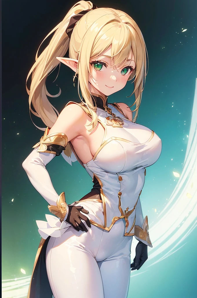(((masterpiece; best quality: 1.2))), (finely detailed eyes: 1.3), (25 year old elf woman), (solo), (green eyes: 1.4), (body; lithe, fit, femenine: 1.3), (silky blonde hair + low ponytail: 1.3), (beautiful and clear background: 1.2), ((depth of field)), (equipment: white tunic + black pants + gloves: 1.3), (anime illustration: 1.2), (background composition; royal garden: 1.1), (extremely fine and beautiful: 1.1), (shot composition; standing + centered on torso + close-up: 1.5), (expression; calm, smile: 1.2)