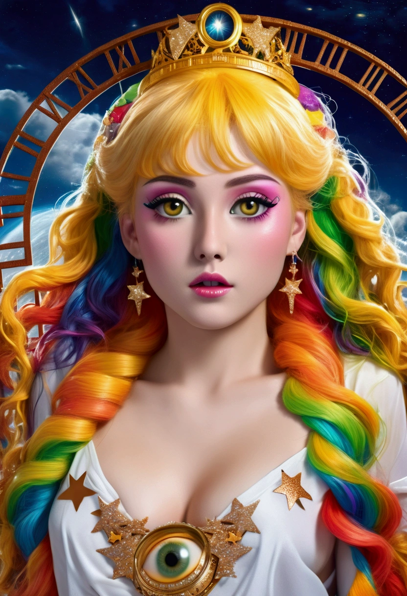 1 20 year old girl, 1 goddess Athena, pink purple silk dress, beautiful goddess Athena face without blemishes, delicate yellow nightgown, long thin sequin nightgown with many sexy black lace details, 1 beautiful thin red silk cloth half veil, female saint legend, female saint icon, beautiful goddess style glitter, dark and mysterious version, small proportioned goddess crown, vermilion lips, plump red lips, not smiling, mouth closed, delicate and beautiful pino detailing, delicate and beautiful lip detail, , (pure and flawless face: 1.9), female saint body, round chest, big and round breasts, phoenix brooch, long flat bangs, (7-color rainbow hair: 1.9), flower stickers tattoo on forehead, beautiful clear face and well-proportioned eyes, (transparent yellow eyes: 1.8), (big round eyes and makeup, sexy wet eye makeup, very beautiful and meticulous hair makeup, long and delicate blonde hair, delicate, body image: 1.8), figure: and vivid, (stars that make up the sky: 1.7), (the sky of heaven and the fictitious gate of time and space: 1.8), fictional art, RAW photos, hanfu photos, best photos, high resolution, best quality, best photos, best goddess quality, 8k female, super 8 single saint portraits, truest color schemes, masterpieces, best beauty brands, best hair jewelry, brand real photo, dark studio, border light, two-tone lighting, (rose white skin: 1.4), (high skin detail: 1.1), 8k uhd, d slr, soft light, 8k, high quality, candid, volume Smooth and sharp, 10x pixel increase, sexy goddess, sexy goddess, (background space: 1.8), (most beautiful aurora eyes: 1.7), beautiful eyes, aurora beautiful and flowery, (beautiful single girl: 1.8), (more details:0.8),