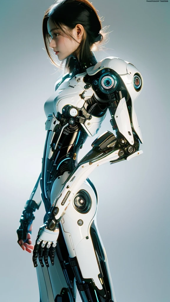 {{best quality, 1080P, Masterpiece, Ultra high resolution, photorealistic, ultra realism, Realistic skin texture, Extreme skin detail, dslr, Detailed eyes, Facing the camera, The face is very young and beautiful., Concise facial structure, Pale skin, Realistic skin texture, Extreme skin detail, oc render reflection textures, Realistic light and shadow, Single picture, alone, The body is slim and balanced., Height 170, naked girl, Nude, no underwear, A girl with the body of a mechanical robot., Transparent futuristic black glass mech armor suit, The mechanical cervix is attached to the neck., flat stomach, Woman with perfect robot arms and legs, You can see from the head down to the feet., full body view, Whole body photo.}}
