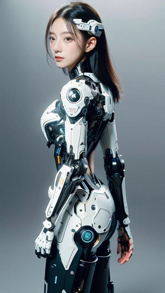 {{best quality, 1080P, Masterpiece, Ultra high resolution, photorealistic, ultra realism, Realistic skin texture, Extreme skin detail, dslr, Detailed eyes, Facing the camera, The face is very young and beautiful., Concise facial structure, Pale skin, Realistic skin texture, Extreme skin detail, oc render reflection textures, Realistic light and shadow, Single picture, alone, The body is slim and balanced., Height 170, naked girl, Nude, no underwear, A girl with the body of a mechanical robot., Transparent futuristic black glass mech armor suit, The mechanical cervix is attached to the neck., flat stomach, Woman with perfect robot arms and legs, You can see from the head down to the feet., full body view, Whole body photo.}}