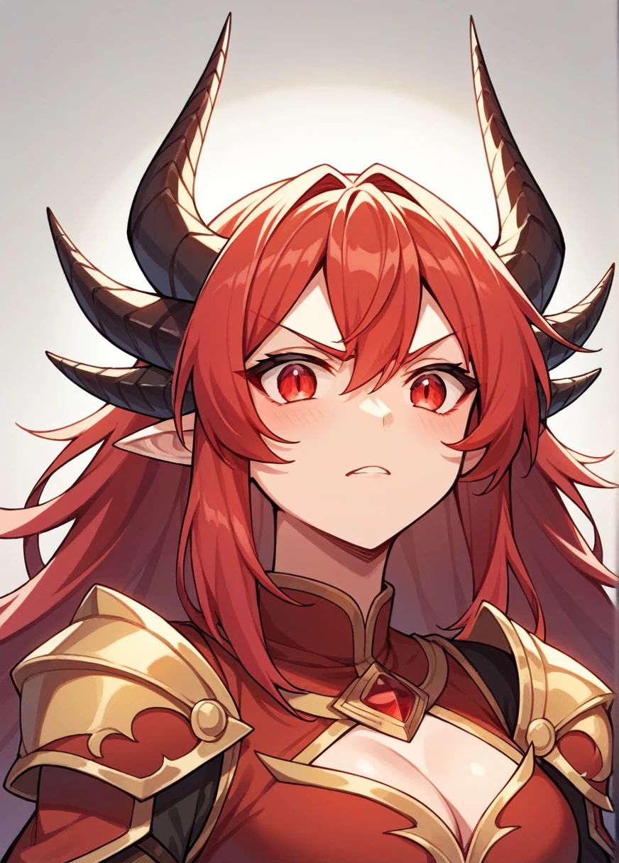 1 girl, 29 years old, long hair, two dragon horns, red hair, red eyes, gradient, red aura, dragon armor, 2d, masterpiece, best quality, anime, highly detailed face, white background, perfect lighting, looking at viewver, portrait, dragonborn, beast lines face