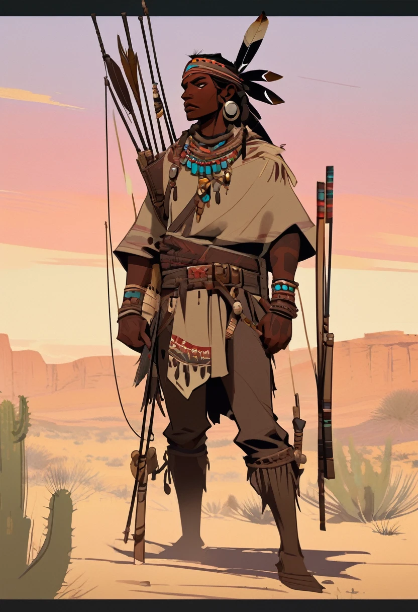 score_9, score_8_up, score_7_up, score_6_up, score_5_up, score_4_up, 1man, Western, far away, Wild West, red dead Redemption, cartoon art style, Light brown skin, wooden archery, Hunting, desert, sunset, indium, Indigenous, Tribal, Solo, Bow, Hunter, Thong, Indian Makeup, Few clothes, no shirt
