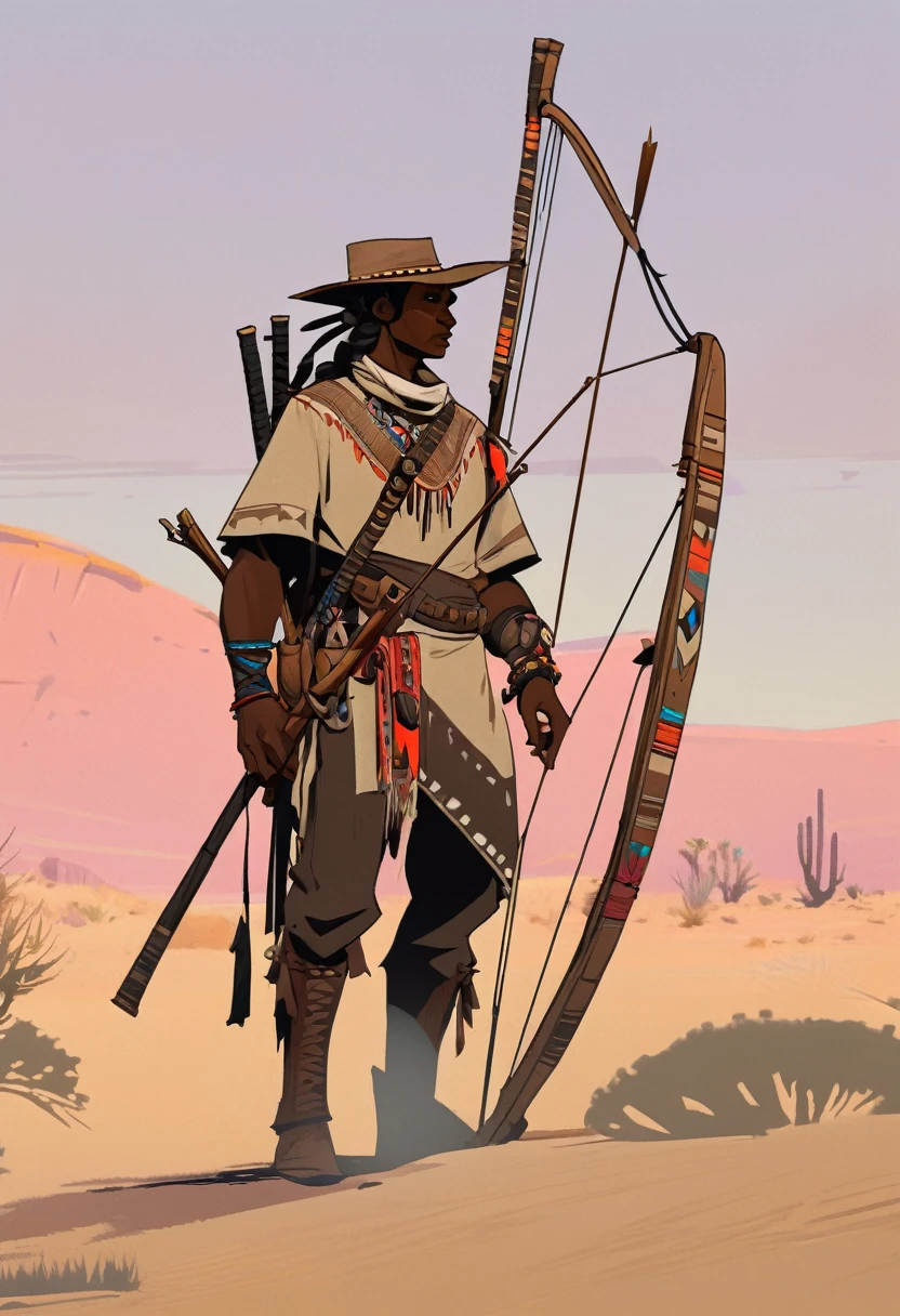 score_9, score_8_up, score_7_up, score_6_up, score_5_up, score_4_up, 1man, Western, far away, Wild West, red dead Redemption, cartoon art style, Light brown skin, wooden archery, Hunting, desert, sunset, indium, Indigenous, Tribal, Solo, Bow, Hunter, Thong, Indian Makeup, Few clothes, no shirt
