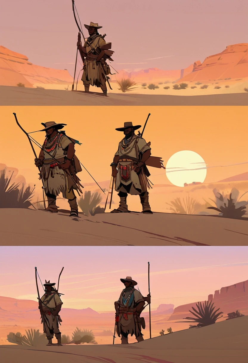 score_9, score_8_up, score_7_up, score_6_up, score_5_up, score_4_up, 1man, Western, far away, Wild West, red dead Redemption, cartoon art style, Light brown skin, wooden archery, Hunting, desert, sunset, indium, Indigenous, Tribal, Solo, Bow, Hunter, Thong, Indian Makeup, Few clothes, no shirt