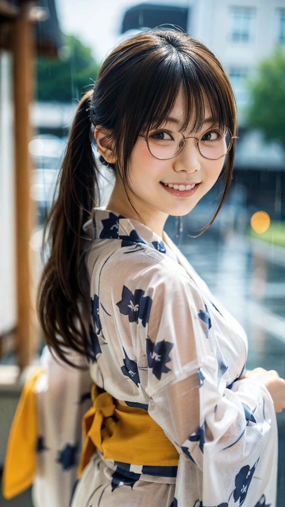 Japanese girl looking at the viewer, posing with a smile (highest quality, masterpiece))), (wear(Navy Yukata(fireworks pattern)、High resolution, very detailed, masterpiece, cinematic lighting, (8K, highest quality, masterpiece: 1.2), (realistic, photorealistic: 1.37) high resolution, Super detailed, 1 girl, woman wearing glasses, thin frame round glasses, light colored glasses frames, ASİAN, cute, cute face, alone, short hair 1.2, rough skin, beautiful smile, beautiful detailed sky, Details cafe, night, movie lighting, Depth of the bounds written, lens flare light, On a date, (blush), (smile: 1 ),(closed your mouth), Beautiful eyes in every detail, (long hair: 1.2 floating hair nova frog style,Rainy side、Looking back