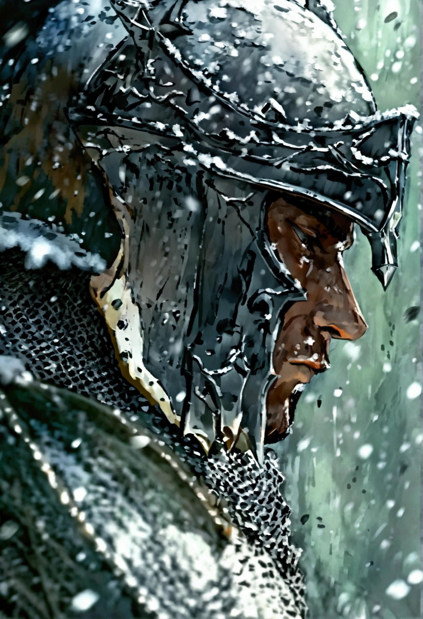 Create an impressionist painting of a spooky warrior knight, snow, Space Ash, Artistic, complicated,fog,Facing forward,Face close-up