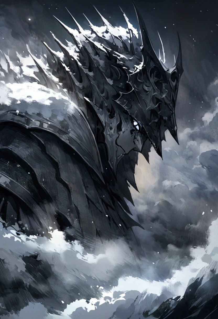 Create an impressionist painting of a spooky warrior knight, snow, Space Ash, Artistic, complicated,fog,Facing forward,Face close-up