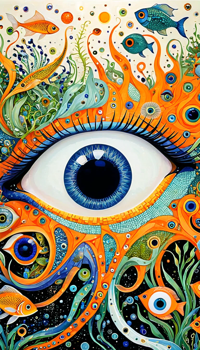 Psychedelic Art:Eye、iris、fish、Tentacles、bird、Eye、diatom,Abstract mosaic painting,Describing the inner world of autistic people,Sense of space,White Space,interesting,Innocence,Psychedelic Art,Orange overall