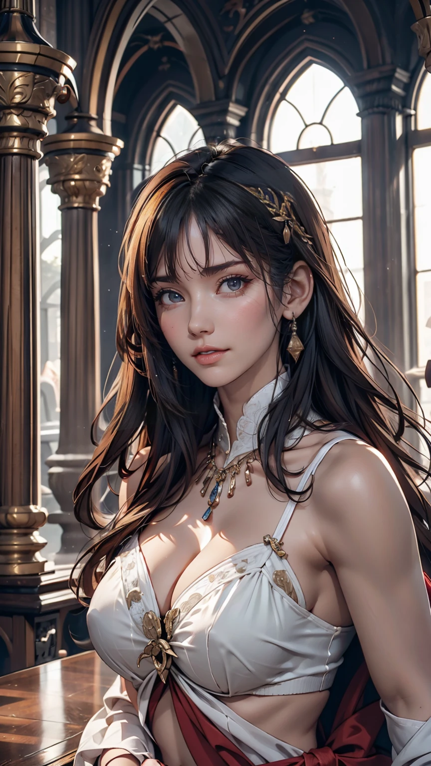 ((最high quality, 8K, masterpiece: 1.3, Ultra HD, high quality, 最high quality, High resolution, realism)) 、Egyptian Pharaoh、Cleopatra、Inside an ancient Egyptian palace、Using her body to seduce Julius Caesar of Rome