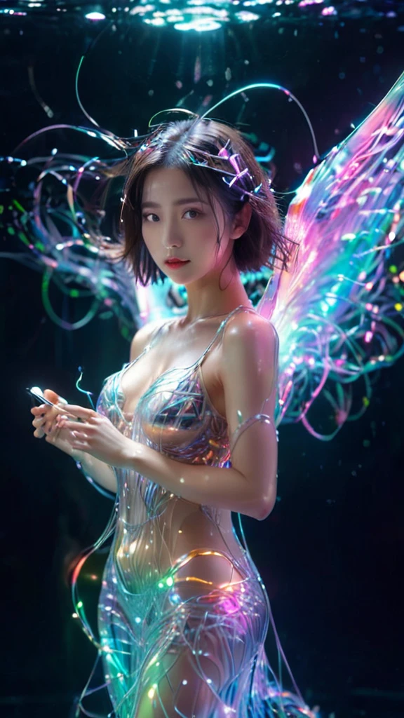 8K,RAW Photos,Highest quality,masterpiece,reality,Very detailed,Live Action,Very beautiful woman,Android,cyborg,cyber-,((whole body:1.8)),((Very detailedな電子機器)),((Skin that clearly shows the internal electronics)),Very thin connecting wire,Wet body,Fully transparent rainbow skin,Wet long messy hair,Advanced AI,neon,Small glowing LED light,future,Glowing Skin,Shiny particle long dress,Big eyes,Long eyelashes,Fantasy,movie,Angel,Elegant pose,Underwater,35mm camera,F/1.8,