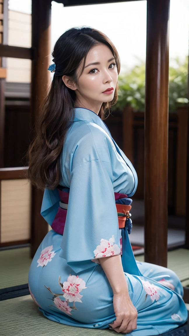 Mature charming sexy woman,50 years old, ((kimono)),blue、(((kimono))),closure,,(Facial wrinkles:1.3),Light makeup,Light brown hair,Long hair,(Full body photography:0.85),(Emphasize the big buttocks),8K, original photo, best quality, masterpiece,best quality、Audience&#39;s Eyes、Feel free to hairstyle、Front of face，angry