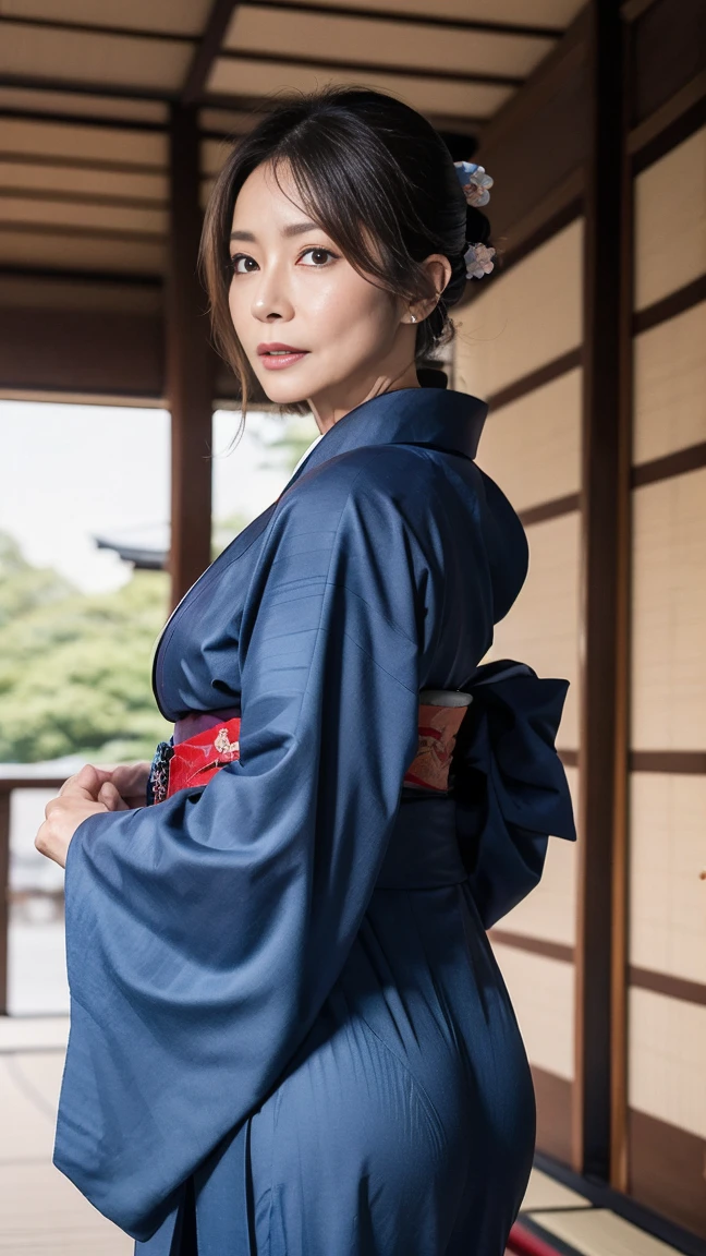 Mature charming sexy woman,50 years old, ((kimono)),blue、(((kimono))),closure,,(Facial wrinkles:1.3),Light makeup,Light brown hair,Long hair,(Full body photography:0.85),(Emphasize the big buttocks),8K, original photo, best quality, masterpiece,best quality、Audience&#39;s Eyes、Feel free to hairstyle、Front of face，angry