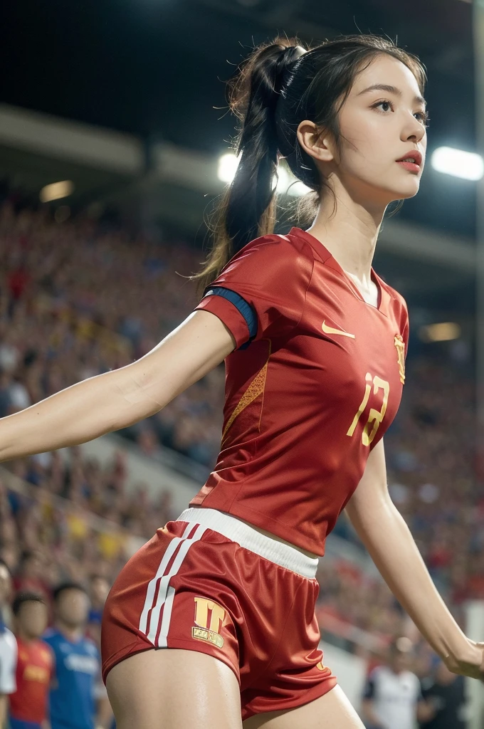 (((best quality))),(((ultra detailed))),(((masterpiece))),illustration,((1 beautiful girl,female footballer,solo)),((small breasts,flat chest)),((slim,thin)),summer night,stadium,crowded stands,enthusiastic spectators,football match,(short ponytail:1.2),(short sleeves:1.2),((Spain team kit,red shirt,blue shorts)),(slender legs:1.2),(football:1.3),fluid movements,powerful,sweat,forehead,exhaustion,passion for football,purposeful running,electric atmosphere,crowd roar,critical juncture,pressure,undeterred,floodlights,luminous glow,long shadows,drama,breathtaking sight,raw passion,unbridled energy,determination,skill,embodiment of sport's spirit,strength,resilience of human spirit,(standing:1.3),((from front,upper body))