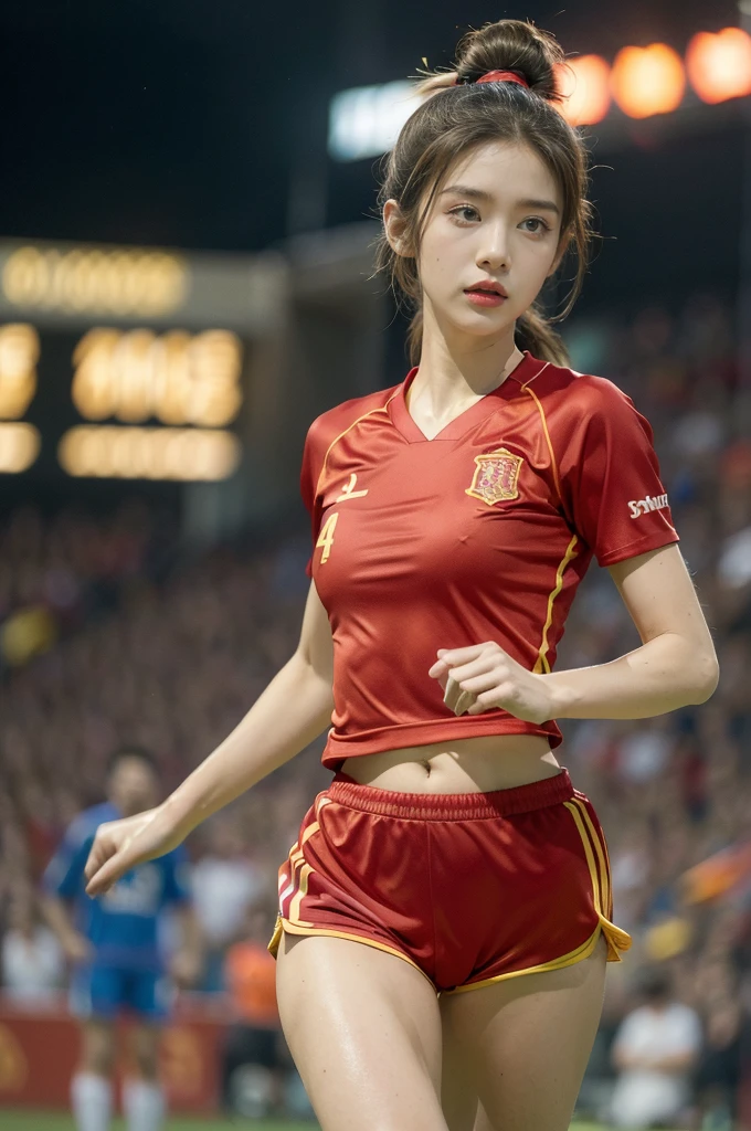 (((best quality))),(((ultra detailed))),(((masterpiece))),illustration,((1 beautiful girl,female footballer,solo)),((small breasts,flat chest)),((slim,thin)),summer night,stadium,crowded stands,enthusiastic spectators,football match,(short ponytail:1.2),(short sleeves:1.2),((Spain team kit,red shirt,blue shorts)),(slender legs:1.2),(football:1.3),fluid movements,powerful,sweat,forehead,exhaustion,passion for football,purposeful running,electric atmosphere,crowd roar,critical juncture,pressure,undeterred,floodlights,luminous glow,long shadows,drama,breathtaking sight,raw passion,unbridled energy,determination,skill,embodiment of sport's spirit,strength,resilience of human spirit,(standing:1.3),((from front,upper body))