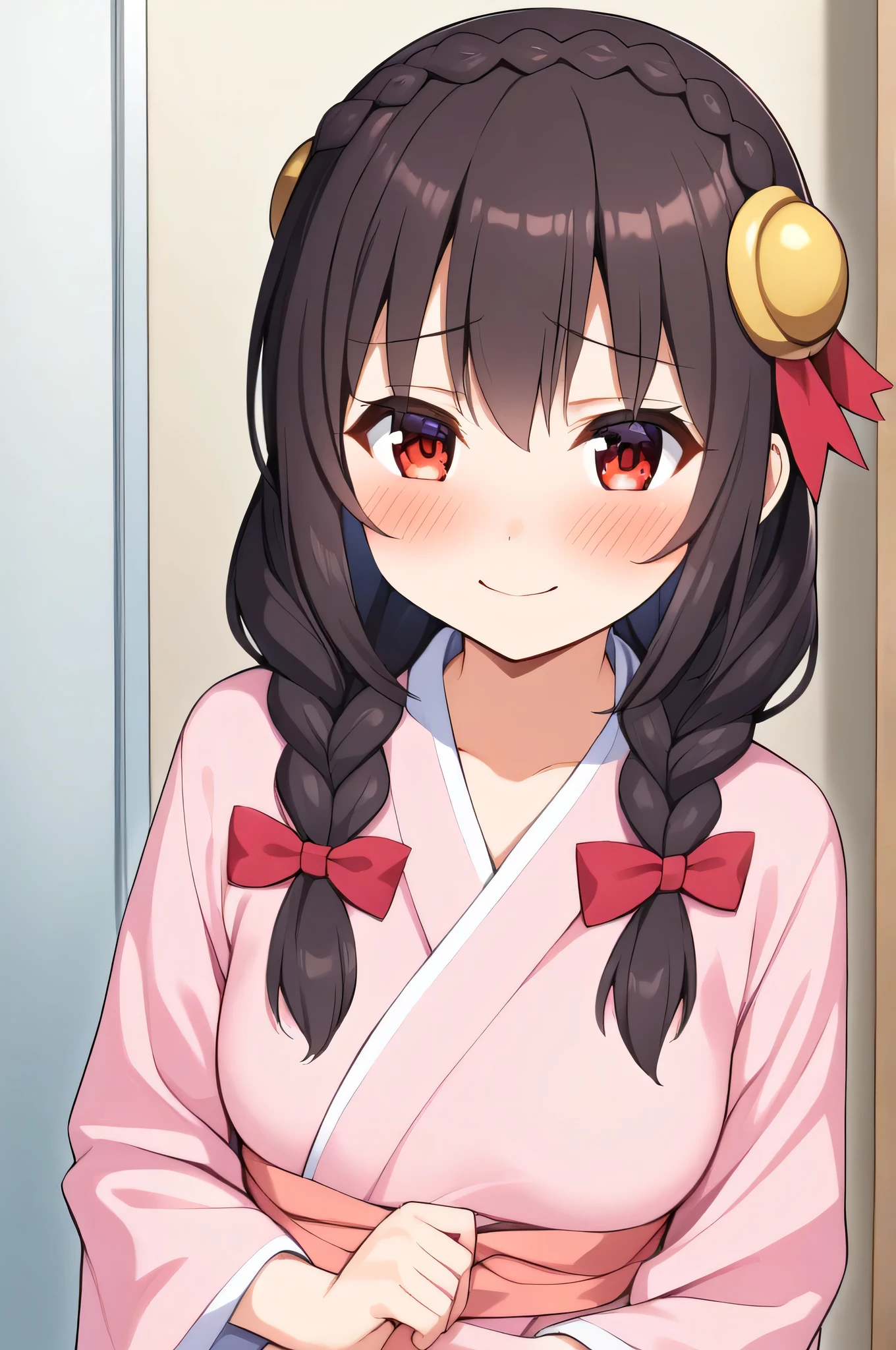 alone, One girl、Crown braids in the same color as your hair, hair ornaments, Hair Ribbon,(A light blue kimono with a red floral pattern and a red obi.)、Red Eyes、Black Hair、(blush:1.6)、(Smiling through tears:1.5)、Larger breasts、(Sit on the bed)