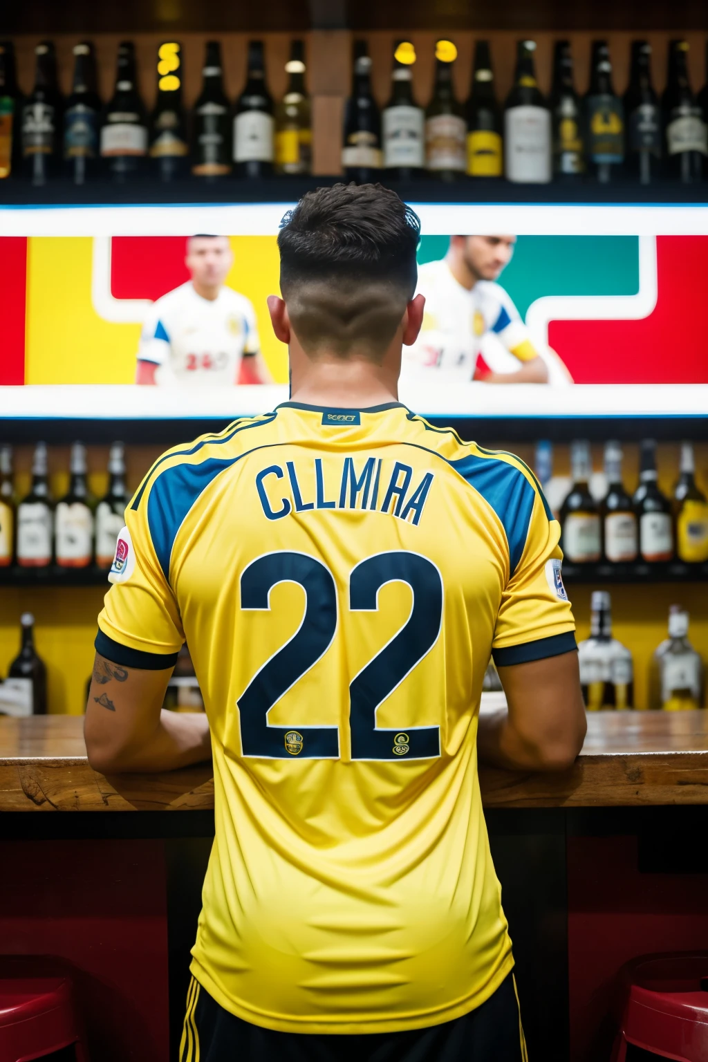 Man with his back in front of the big screen with the yellow Colombia national team shirt with the number 22 with the name of the shirt with the name of Richard hair color on his back with some beers drinking in a bar