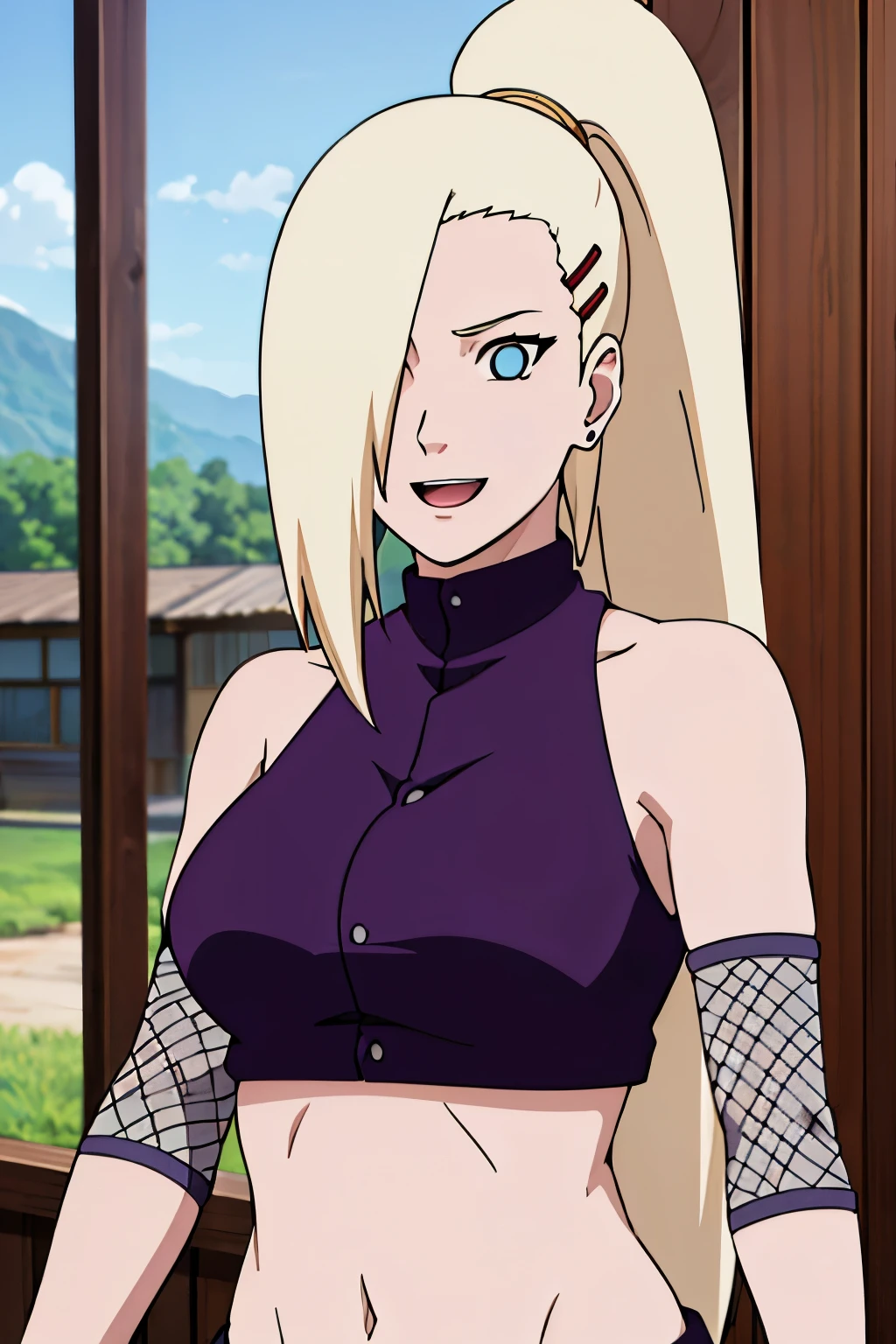 (serving viewer), Ino yamanaka, looking at the viewer, attractive, from below, ultra detailed face, sunny day, day time, upper body view, anime style, solo, detailed home, blonde, (purple clothes), ((one eye covered with hair, hair over eye)), medium breasts, belly button, looking at the viewer, thick arms, (off-shoulders, wide shoulders, curving body), hidden eye, smile, open mouth, very happy, tall, hair clip, sharp look, sharp face, sharp eye, cold colors,