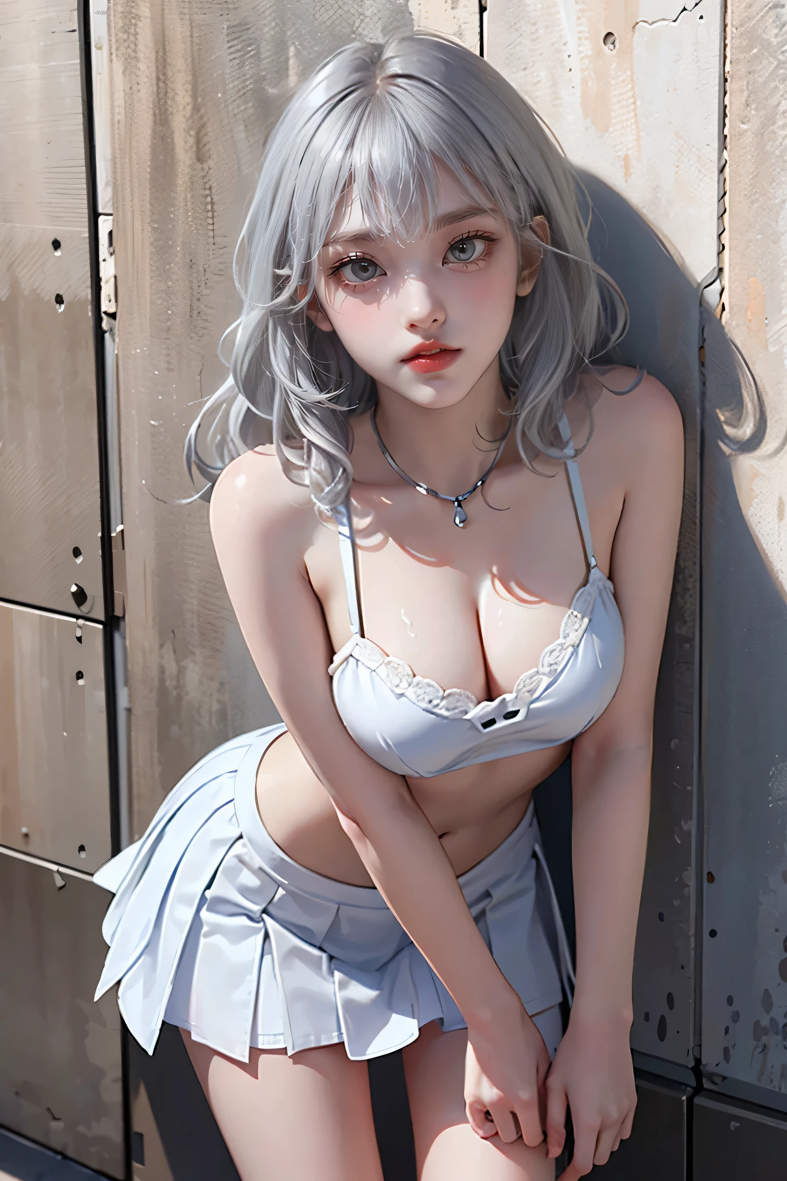 masterpiece, Premium Quality, Highly detailed CG Unity 8K wallpaper, Ultra-realistic 8k CG, Perfect artwork, Hourglass-shaped body shape, Dramatic Shadows, (Spotlight, Perfect lighting, detailed light, (((1 Girl ))), ((Sharp Face)), ((Silver Hair, Wavy Hair)), (((Sexy pose))), Model Body Type, I can see your belly button, Big and ample breasts, ((Cute face) ), (Smiling Kindly: 1.2), (Asymmetrical bangs, Beautiful eyelashes), Beautiful Face, (Beautiful bust line: 1.2), (Cleavage), beautiful girl, Exquisite features that represent a perfect face, cold, Naturally Beautiful, Sweat, light and beautiful texpensive expression., expensive school girl, expensive , Sailor suit, Pleated skirt, loose socks, In front of a wall covered in graffiti, night, (((Leaning against a wall, She is standing))), Award-winning photo, detailed, Realistic Light and Shadow, 8K resolution, Professional Lighting, (Shiny skin:0.9), Perfect hands,