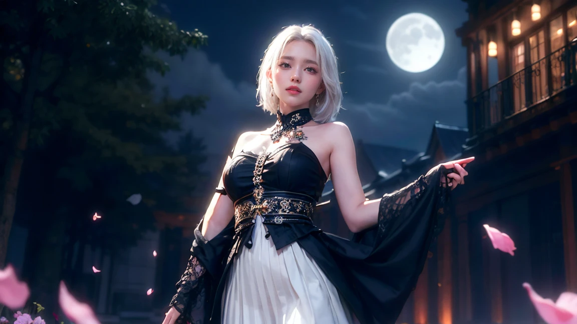 masterpiece, best quality, 1girl, (colorful),(finely detailed beautiful eyes and detailed face),cinematic lighting, bust shot, extremely detailed CG unity 8k wallpaper, white hair, solo, smile, intricate skirt,((flying petal)),(Flowery meadow) sky, cloudy sky, building, moonlight, moon, night, (dark theme:1.3), light, fantasy,