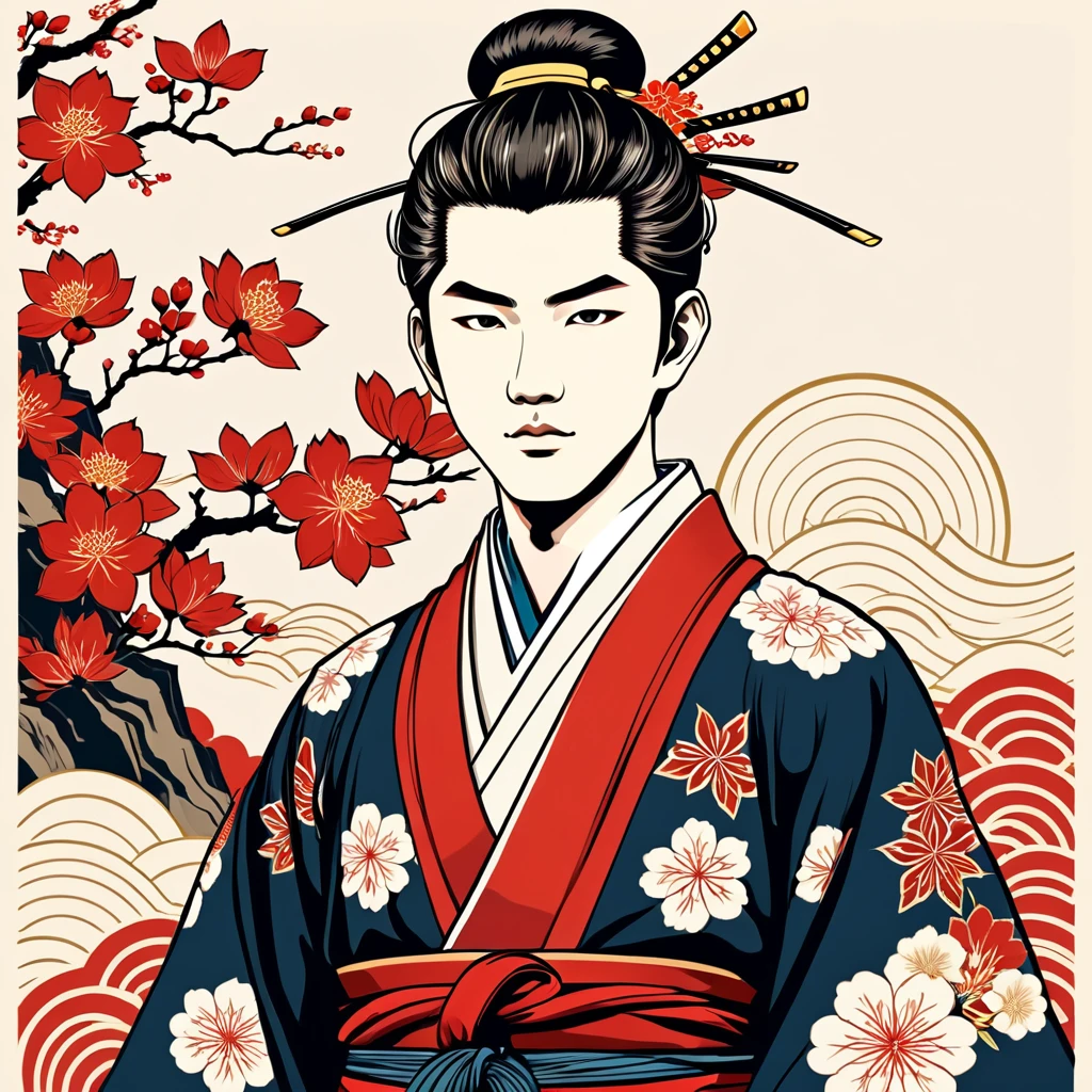 man in japanese folk outfit, vector graphics, strong contours