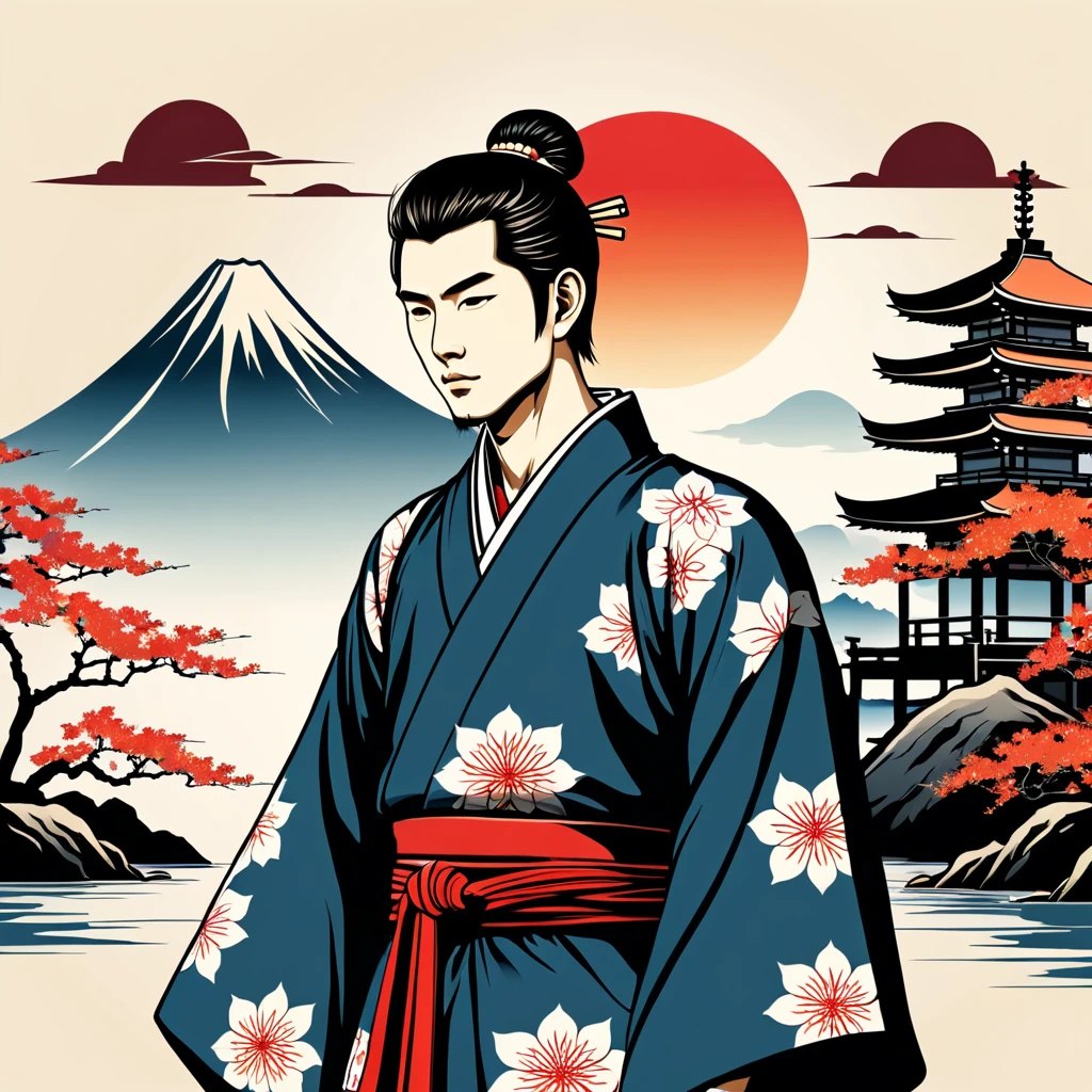 man in japanese folk outfit, vector graphics, strong contours
