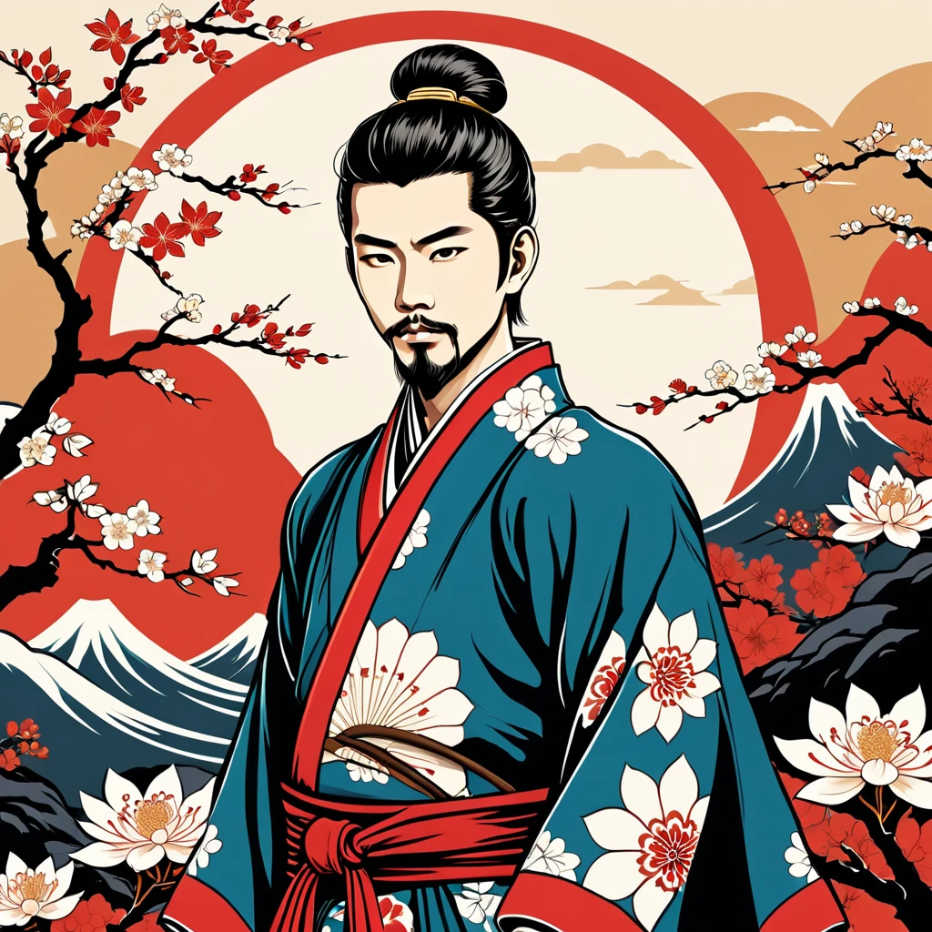 man in japanese folk outfit, vector graphics, strong contours
