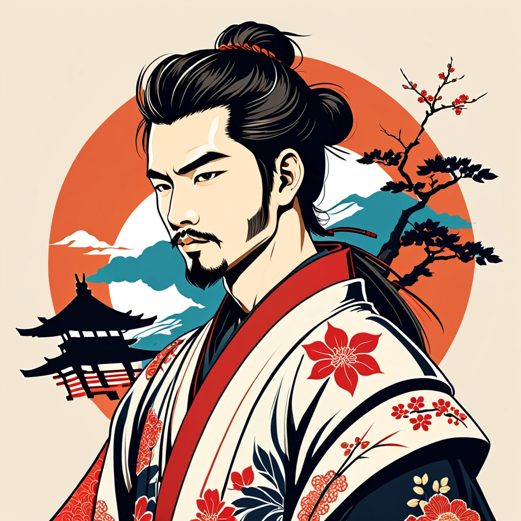 man in japanese folk outfit, vector graphics, strong contours