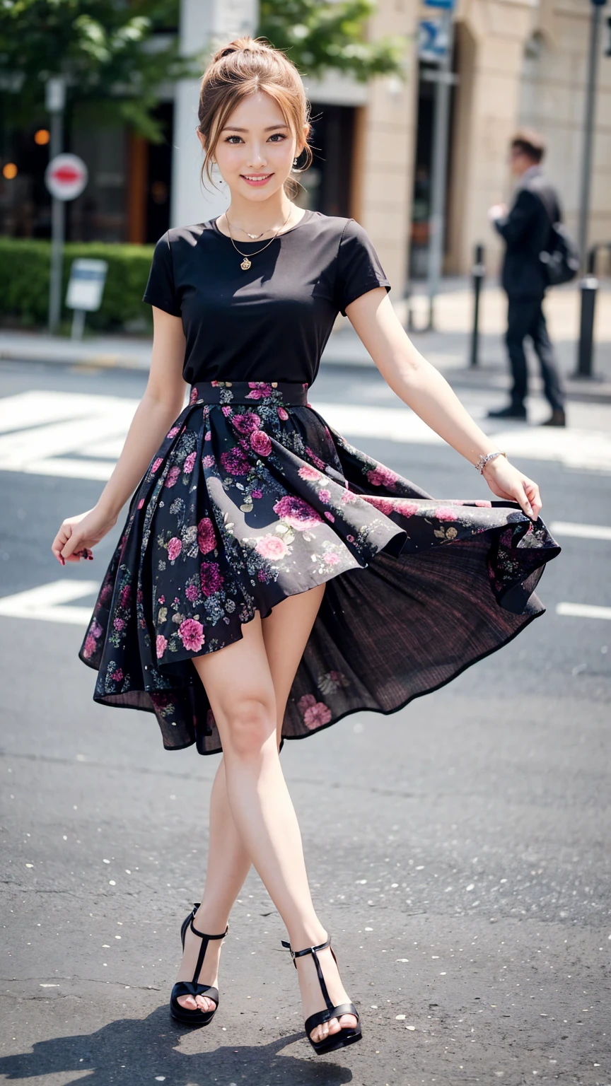 ((masterpiece)),(((Highest quality))),Thin thighs,Long legs,whole body:1.5，(One Girl:1.3),(Black high heels：1.3),(Wearing a floral striped mid-long flared skirt dress:1.2),Lift up the hem of your skirt with both hands:1.5，Curly blonde hair:1.2、Model pose with legs spread wide:1.5，Bright expression:1.5，Thighs exposed:1.5，