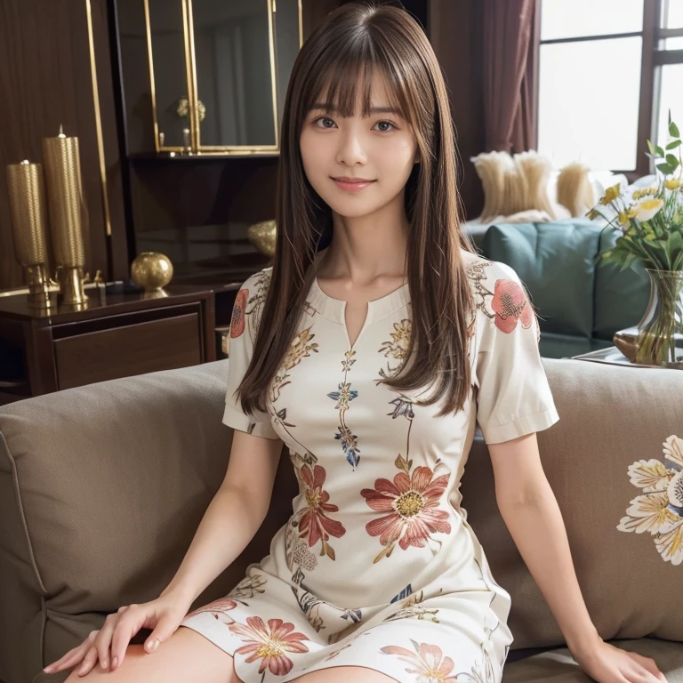 (Full Body Shot:1.3), (panorama:1.8), Cinema Lighting, ((Highest quality)), (RAW Photos, Highest quality), ( Realistic:1.4), realism, masterpiece, Very delicate and beautiful, Very detailed, 4k wallpaper, wonderful, finely, Very detailed CG unity 8k wallpaper, Very detailed, High resolution, Soft Light, Japanese, (one shot:1.9), (24-years-old:1.6), (Round face:1.2), (Fat:0.8), Beautiful detailed woman,Famous Japanese actresses, Detailed face, finelyて美しい目, Very detailedな目と顔, Beautiful eyes and a beautifully detailed nose, Ultra HD glossy lips, (Straight Hair:1.4), Shiny Hair, Shiny Hair, Brown Hair, (bangs:1.4), Long, slender legs, Toned body, (Smiling:1.2), Natural Makeup, (LET IT PASS, Floral, Short sleeve dress:1.8), (A very intricate and elaborately decorated dress:1.3), Accentuate your body lines, (living room, Model pose:1.7),
