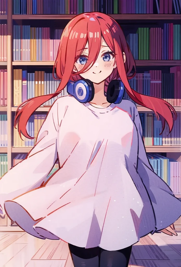 score_9, score_8_up, score_7_up, score_6_up, source anime, manga bookshelf, kumipnxl, nakano miku, 1girl, Sfw, 4K, 8K, dynamic picture, miku nakano, miku sitting in her room, long fluffy hair, blue headphones, manga bookshelf behind her, showing off her manga collection, miku showing her manga collection, nakano miku, cute smile, running, pink red brown hair, hair between eyes,