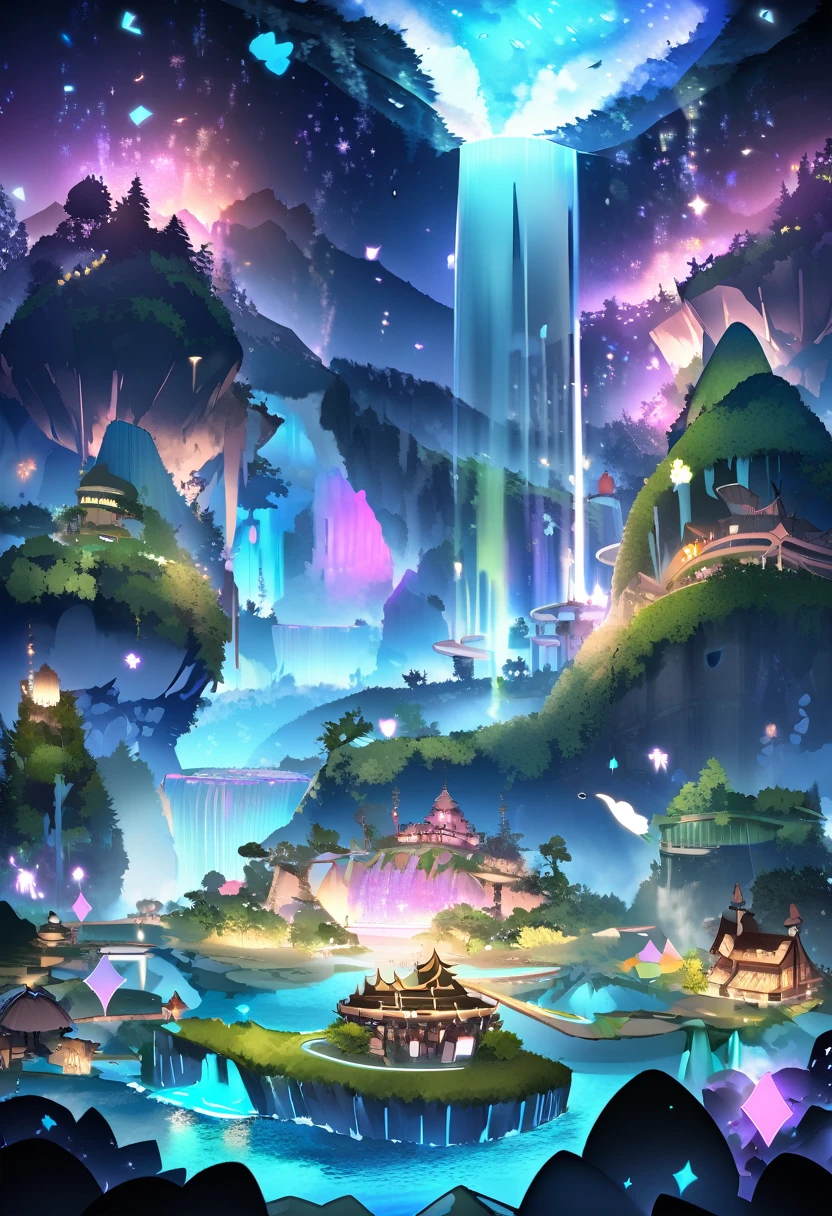 island in the sea, mountains, waterfalls, big VR, magical lights, fanciful