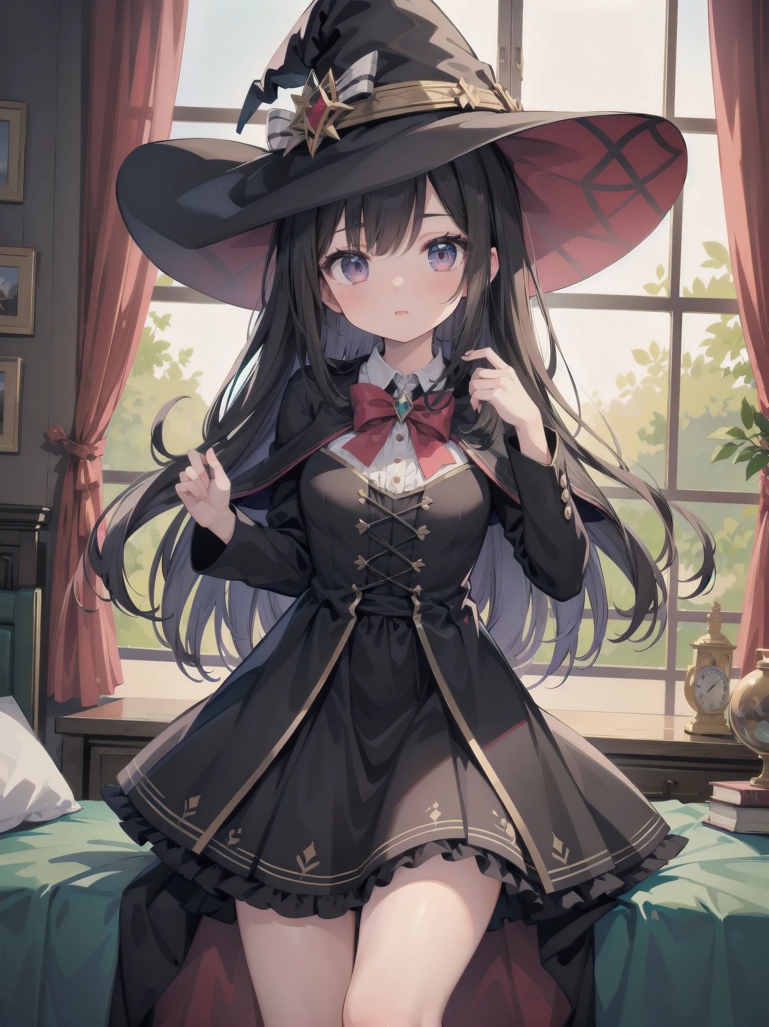 masterpiece, illustration, super detailed, kawaii, one girl, solo, witch in super cute pose, bed room, cowboy shot ,sfw, Dynamic angle