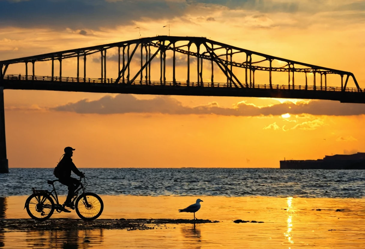Sea，Sunset，Water surface gold，Sea surface，raw，Silhouette，uhd，，Bridge，Seagull，Clouds，bike
