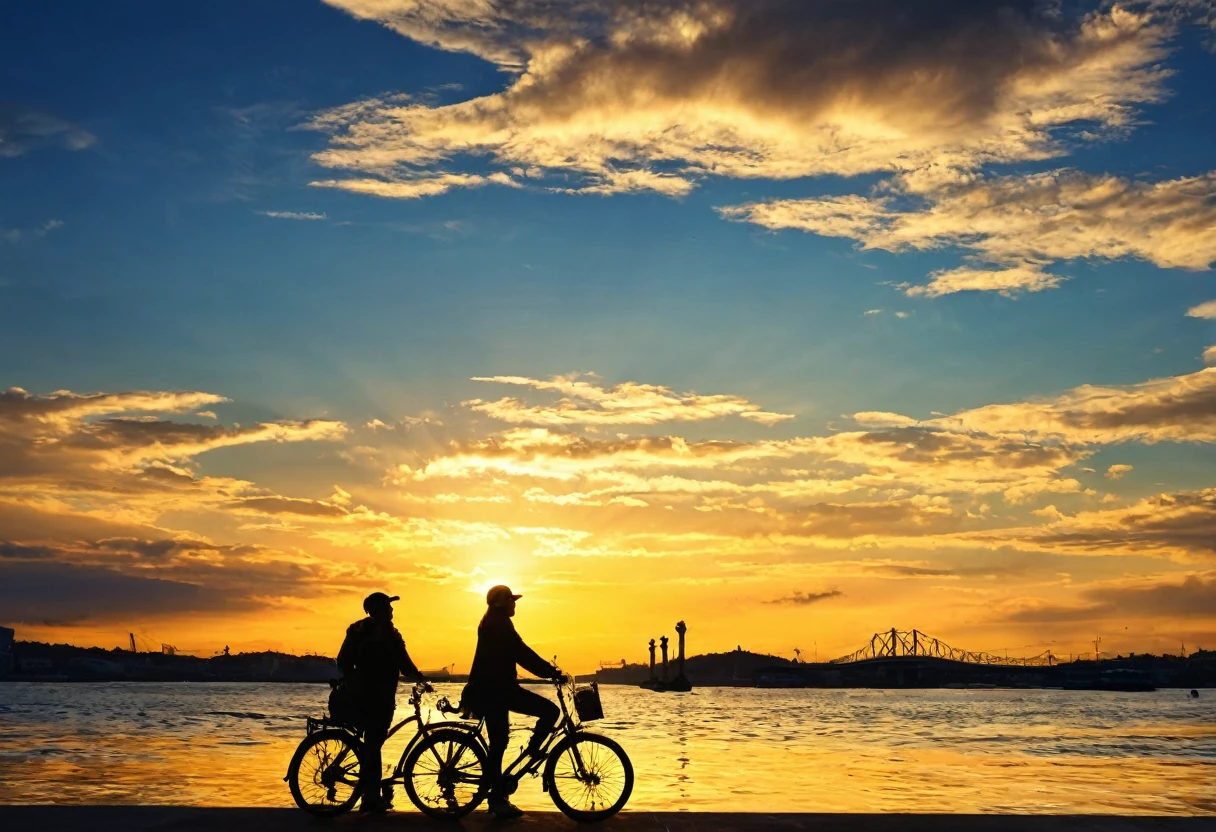 Sea,Sunset,Water surface gold,Sea surface,raw,Silhouette,uhd,,Bridge,Seagull,Clouds,bike
