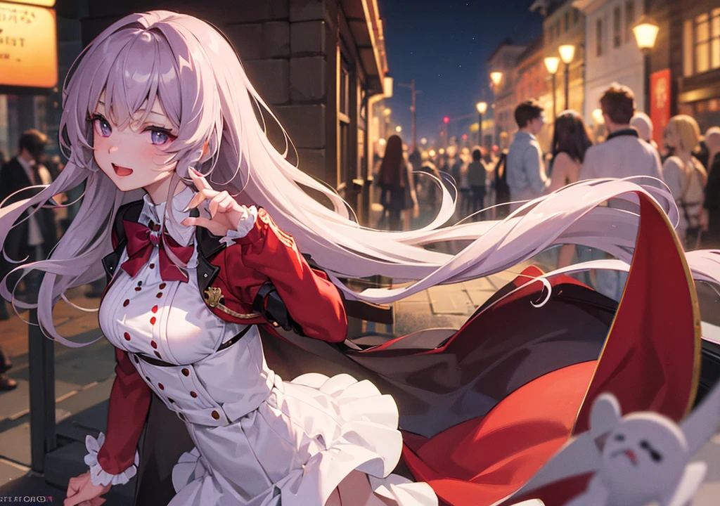 Realistic photos, Focus distance 10mm, Red and white, A big smile, Beautiful girl, Realistic photos, Focus distance 10mmで撮影, masterpiece, 最high quality, high quality, Very detailed CG 8k wallpaper unit, Award-winning photography, Bokeh, Depth of written boundary, High resolution, bloom, chromatic aberration, Realistic, Very detailed, Art Station Trends, CGsociety Trends, Complex, High detail, dramatic, Art on the go, volumetric lighting, Final Fantasy style beautiful girl、Purple Eyes、Long wavy black hair、Vampire Outfit、Old castle and full moon in the background