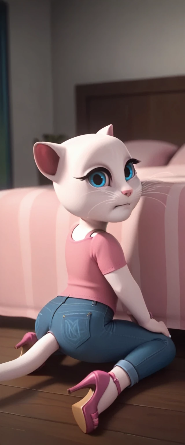 solo focus, a_la, 1girl, cat, white fur, long whiskers on both sides of the face, big bright blue eyes, big black eyelashes, pink nose, triangular ears with pink channels, high heels.jeans. 1 girl and 1 boy human. side view. in bed. The man lies flat on the floor with his legs closed. Woman sits on man, anal scream, lying, at home, looking back, big penis, rape of 1 man, girl. Score_9, Score_8_up, Score_7_