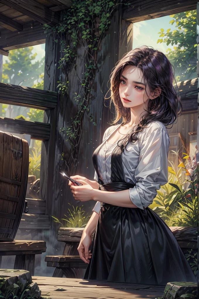 a age girlwith dark purple hair and shock hairstyle
, purple eyes, standing in a rural village, accompanied by a young girl with black long hair, both with perfect proportions, brilliant, cold expression,(best quality,4k,8k,highres,masterpiece:1.2),ultra-detailed,(realistic,photorealistic,photo-realistic:1.37),ghibli style scenery background,extremely detailed face,conjunctivitis,dramatic lighting