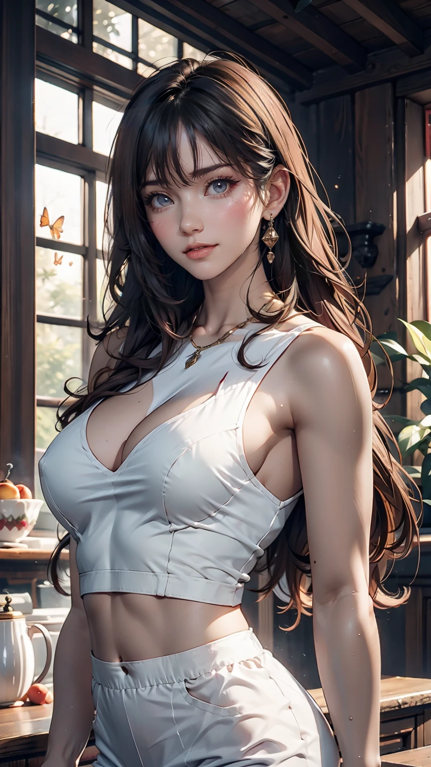 (Very detailed, Highest quality), floating, A very delicate and beautiful dreamlike scene..,, , [(One Girl),(Long purple hair), Detailed face, Neck ribbon, elegant blue dress, Standing on the Clouds, (Wide Shot), (Mysterious atmosphere):1.5],, , [(Butterfly Wings),(Fluffy cat),(bouquet),(fairy tale), (sunlight),(Soft Light),(pastel colour),(Sparkling):0.8]、sexy proportions、sexy、Tight waist