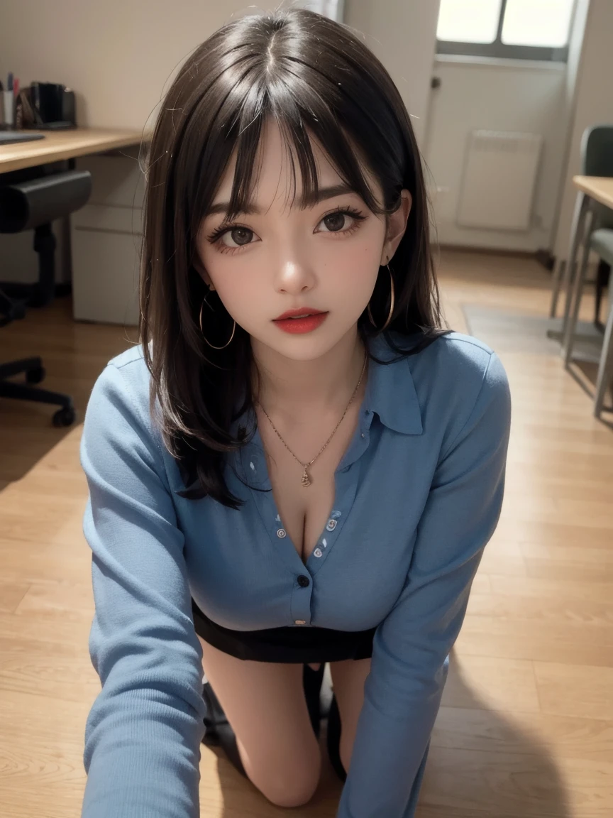 1girl, on all fours,solo,underwear,jewelry,short skirt,bra,breasts,long hair,office girl,cleavage,pantyhose,necklace,brown hair,formal,earrings,pencil skirt,indoors,looking at the audience,office,brown eyes,make-up,lipstick,nail polish,red lips,lips,medium breasts, Delicate tongue,