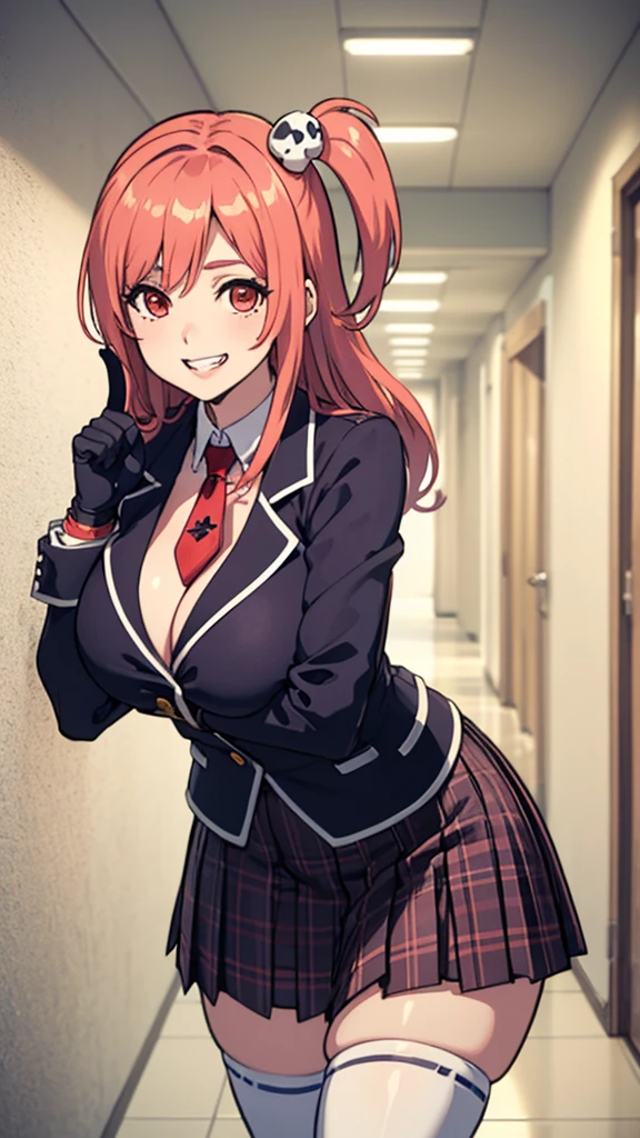 masterpiece, best quality   honoka, one side up, skull hair ornament, , jacket, necktie, single glove, black gloves, plaid skirt, white thighhighs, huge breasts, leaning forward, grin, hallway