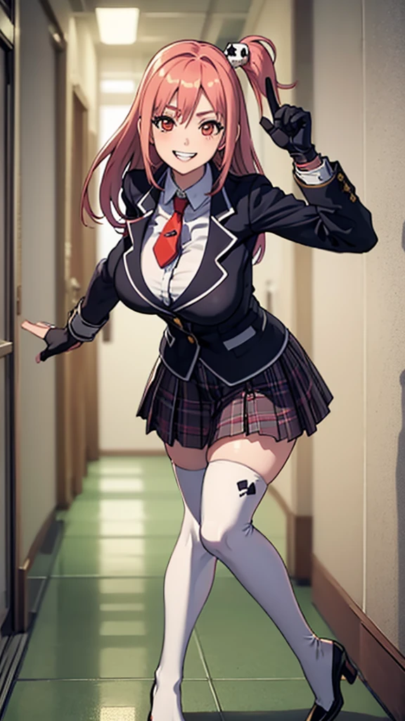 masterpiece, best quality   honoka, one side up, skull hair ornament, , jacket, necktie, single glove, black gloves, plaid skirt, white thighhighs, huge breasts, leaning forward, grin, hallway