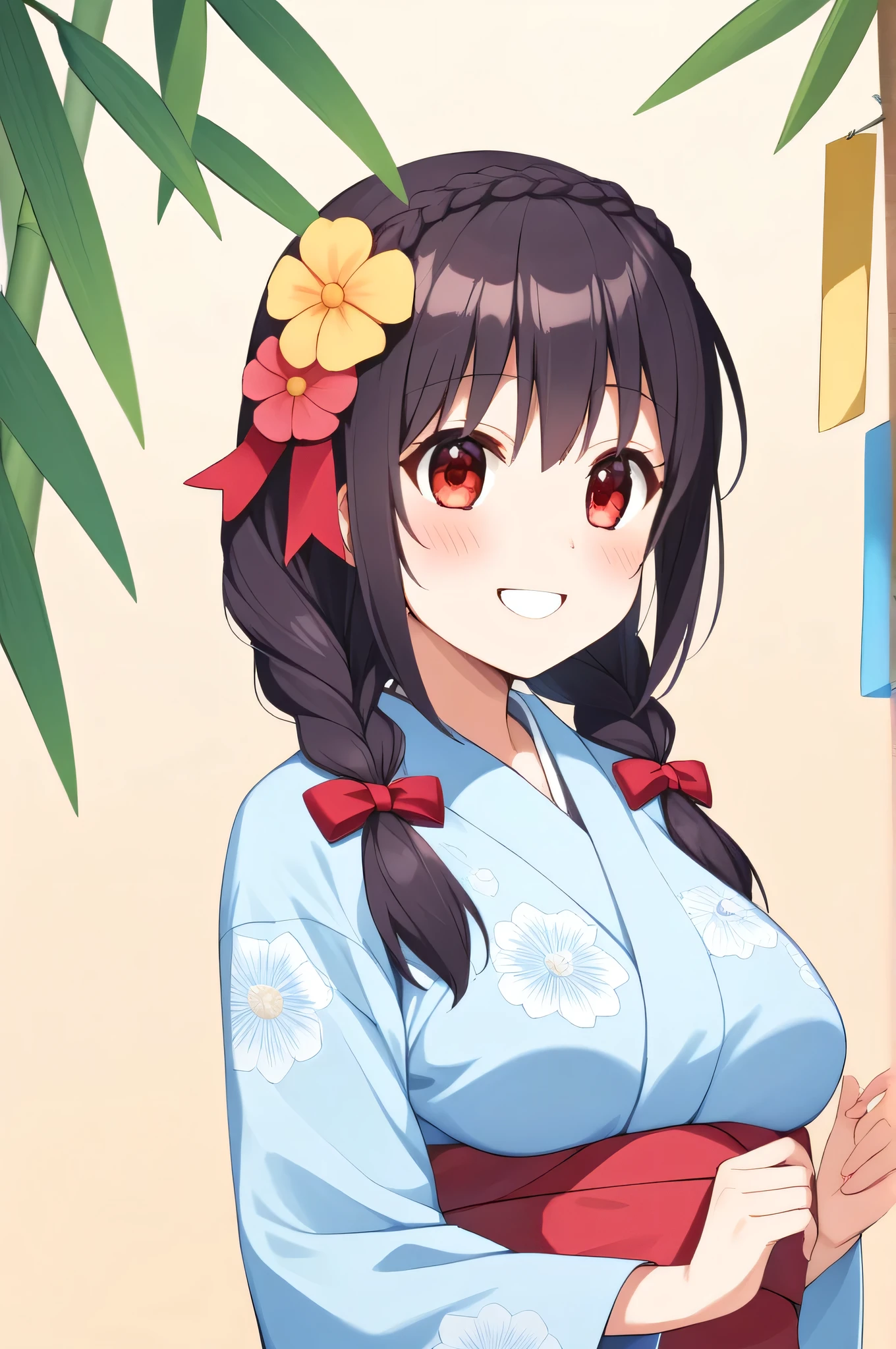 alone, One girl、Crown braids in the same color as your hair, hair ornaments, Hair Ribbon,(A light blue kimono with a red floral pattern and a red obi.)、Red Eyes、Black Hair、(blush:1.4)、(Happy smile:1.4)、Larger breasts、(Looking at the Tanabata bamboo decorations)