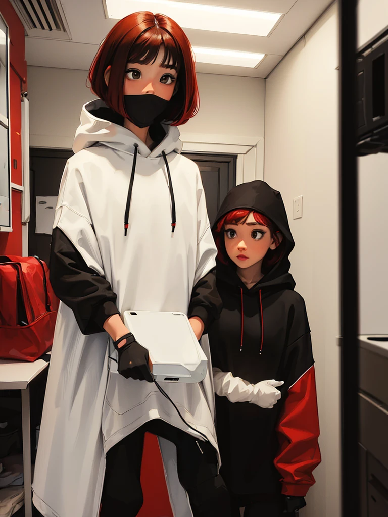 (((onli one woman))) girl with short red Bob style hair, white skin, light brown eyes, black gloves, black hoodie on head, black pants with straps [Girl using and looking at smartphone] background in room