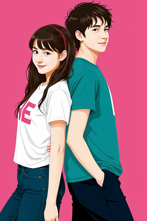 Two young design students bumping back to back, man and woman, for a teen book cover, anime 